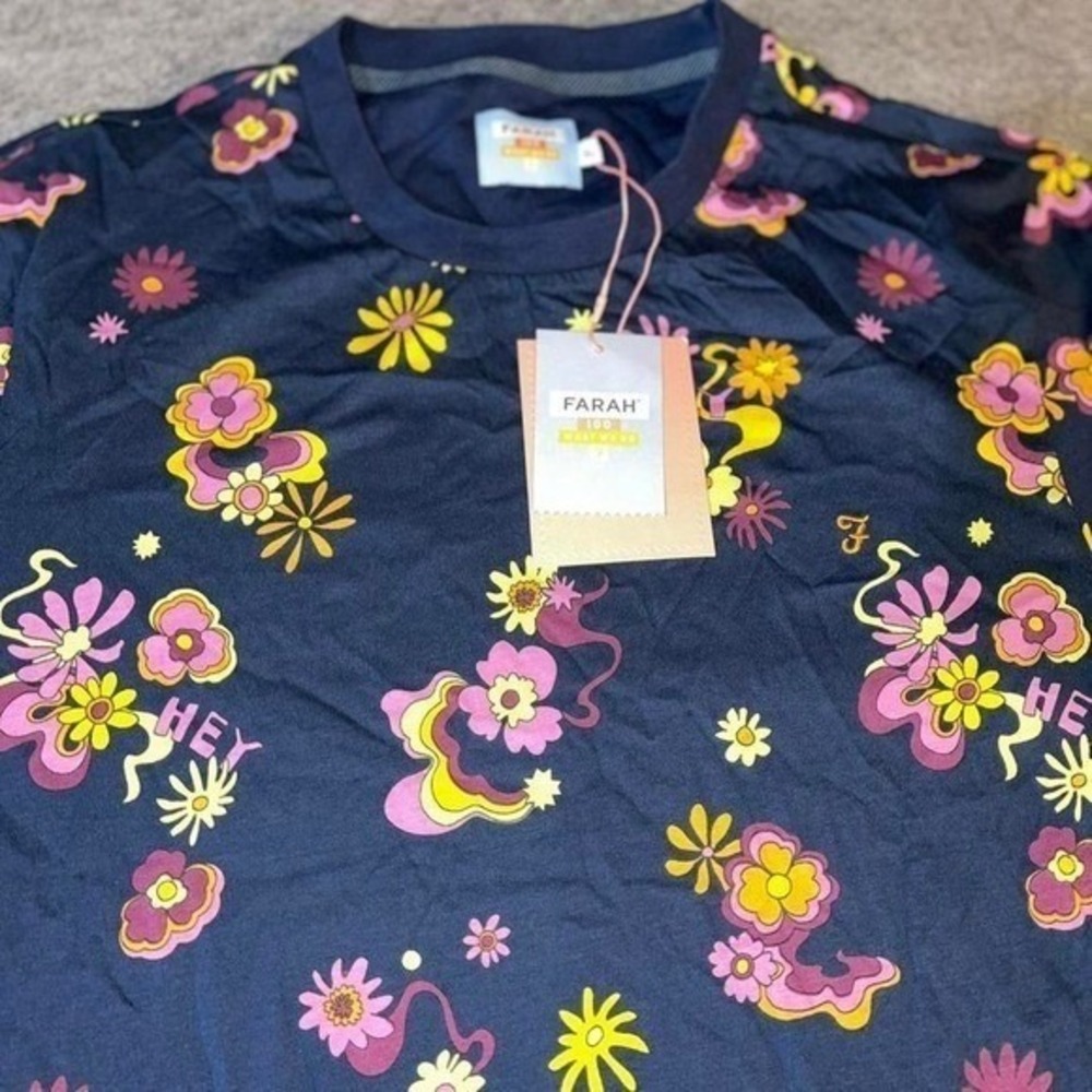 Farah 100 What We Do Mens XL Navy Blue Psychedelic Floral Graphic T-Shirt NWT